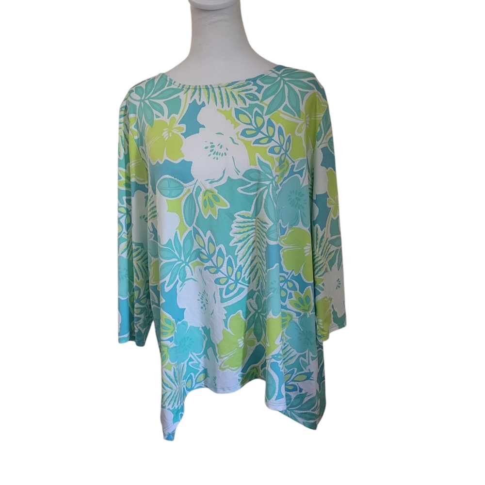 Ruby Rd Floral Asymmetrical Top Blue/Green sz PXL